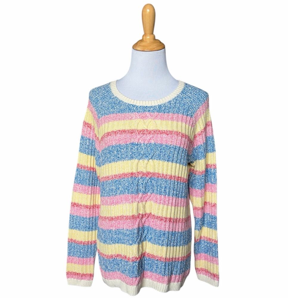 Talbots LP Bright Preppy Multicolor Striped Cable Knit Cotton Blend Sweater NWT